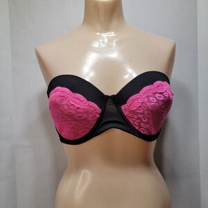 Black w/ Pink Lace Strapless Underwire Bra - Size 40C